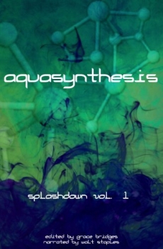 Aquasynthesis cover, water and molecules in green
                  and blue, art by DeAnna Newsome, link to book