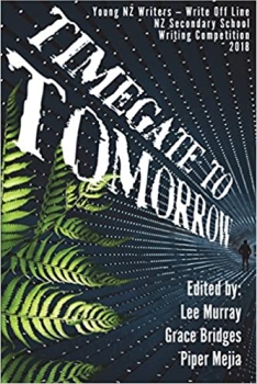 Timegate
                to Tomorrow cover, a dark portal with lines of lights
                beyond a fern branch, link to book